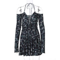 Pattern Print Long Sleeve Tether Halter Pleated Dress