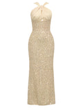 Dress Halter Stitching Sequined Sleeveless Slim Fit Backless Dress