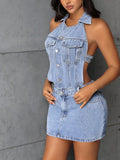 Halter Backless Denim Dress