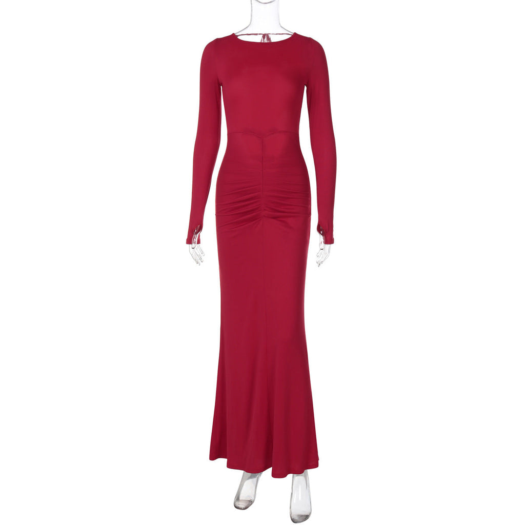 Hollow Out Cutout Backless Stitching Tied Halter Slim Fit Long Sheath Street