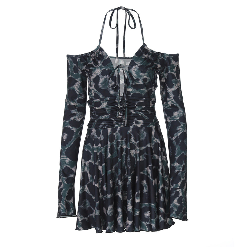 Pattern Print Long Sleeve Tether Halter Pleated Dress