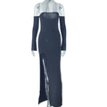 Solid Color Dress Halter Off Shoulder Long Sleeve Casual Slit Dress Dress