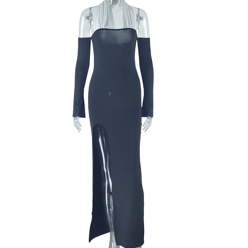 Solid Color Dress Halter Off Shoulder Long Sleeve Casual Slit Dress Dress
