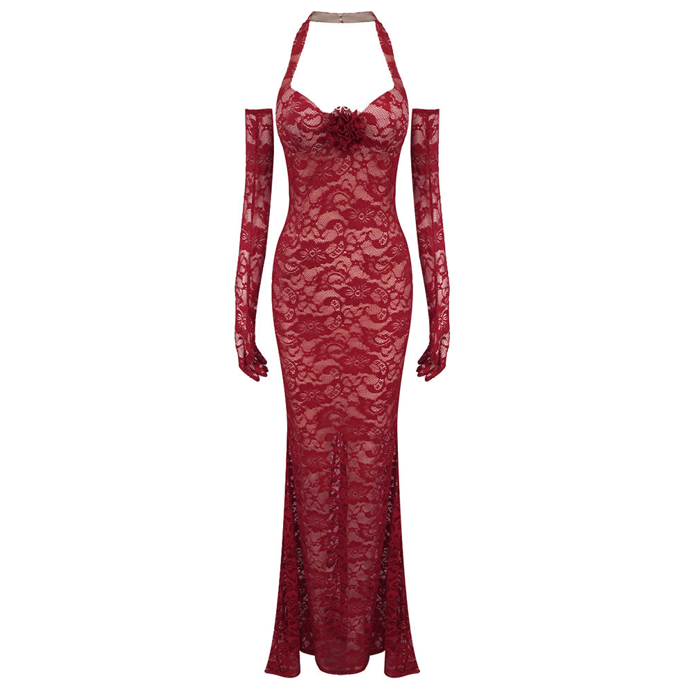 Halterneck with Suspenders Slim Fit Lace Mesh Dress Maxi Dress Evening Dress