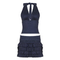 Polka Dot V neck Halter Vest Ruffle Hip Tiered Dress Mini Mid Length Skirt Two Piece Sets