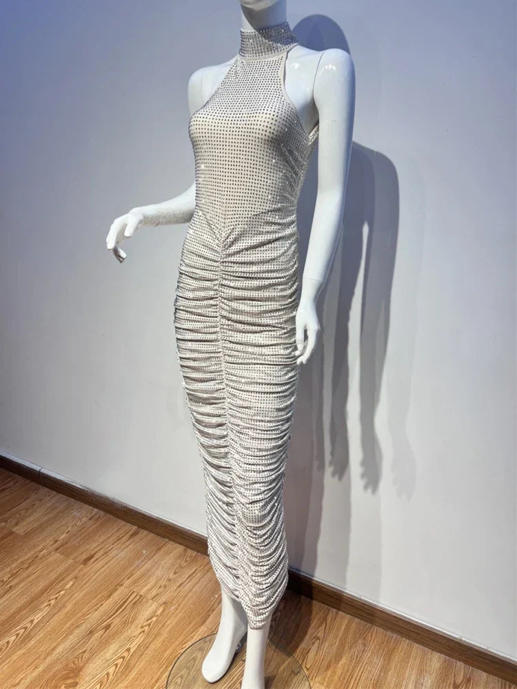 Halter Neck Backless Crystal Folds Long Dress