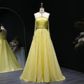 Beaded Yellow Halter Evening Dress with Gloves