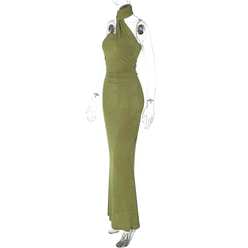 Halter Green Off-shoulder Backless Long Dress