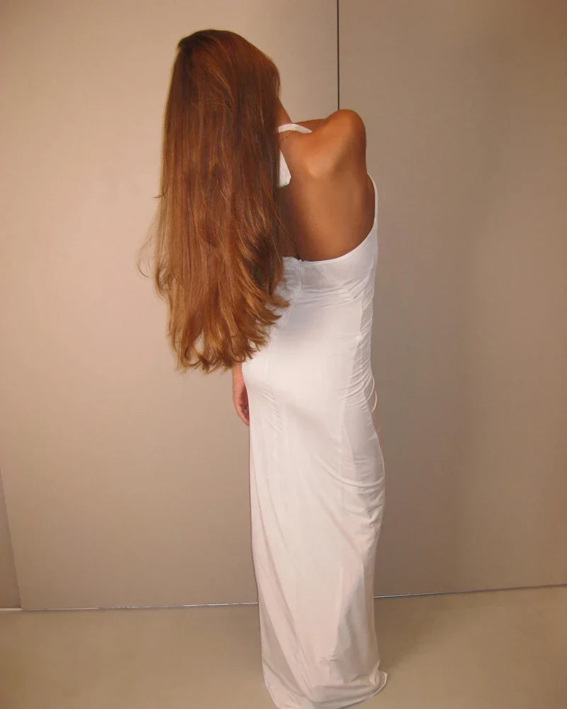 White Floral Halter Sleeveless Ruffled Long Dress