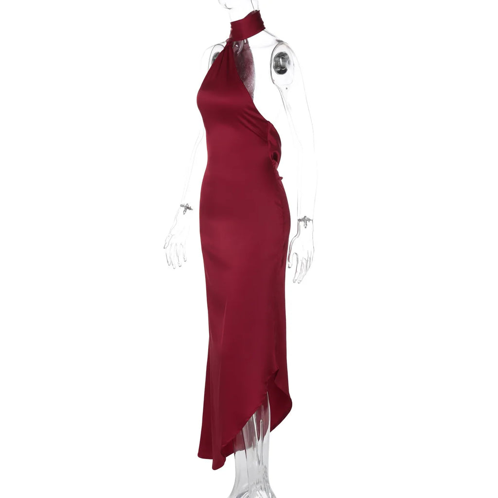 Satin Backless Halter Ribbon Black Maxi Dress