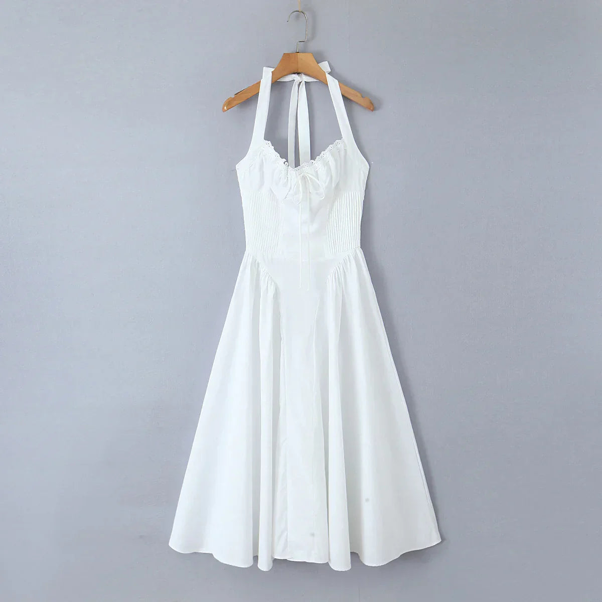 Corset Style Bow Halter Spliced Lace Midi Dress