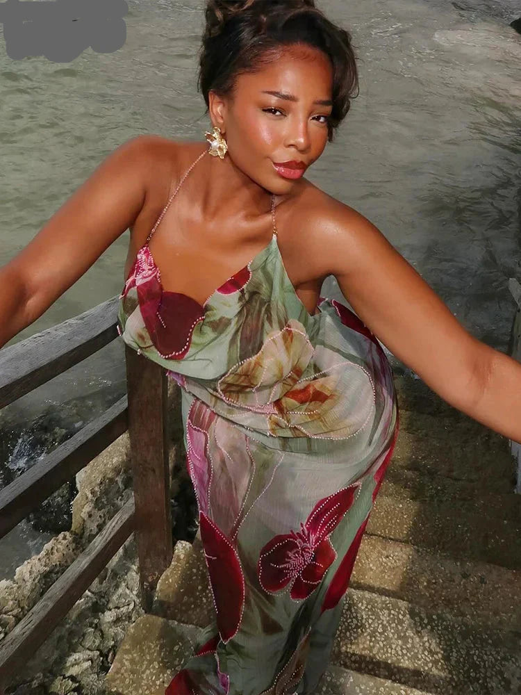 Floral Print Backless Halter Dress with Split for Women