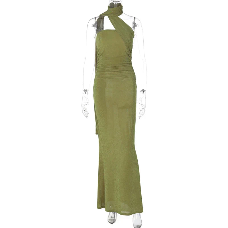 Halter Green Off-shoulder Backless Long Dress