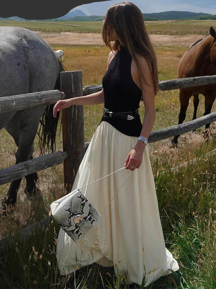Contrast Patchwork Halter Backless Long Bodycon Dress