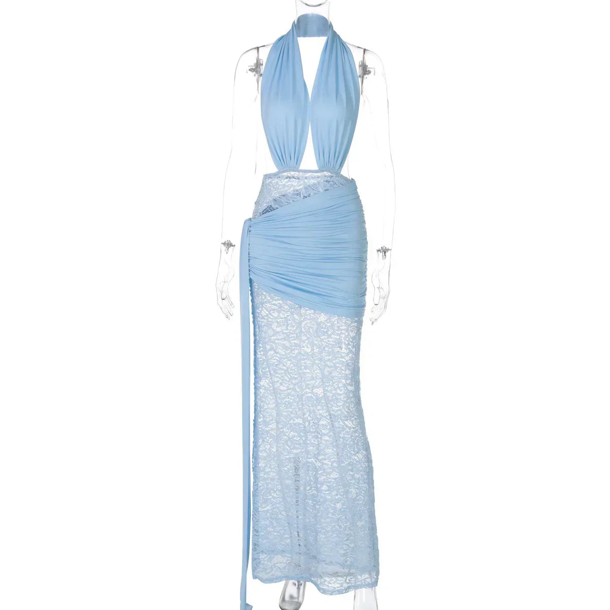 Halter Deep V Neck Lace Sleeveless Long Dress