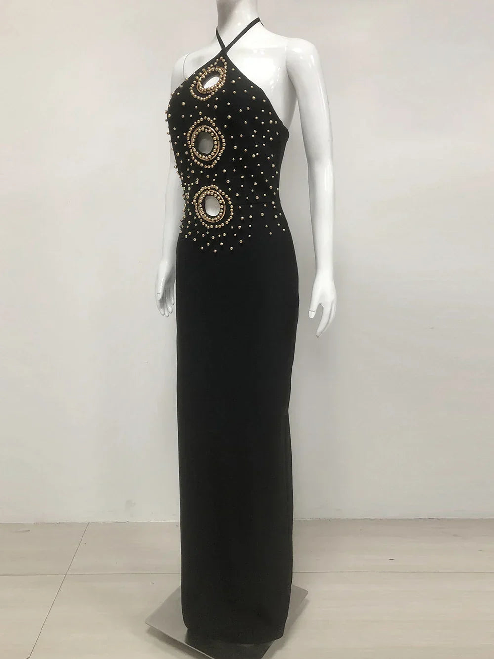 Halter Bead Hollow Design Backless Long Dress
