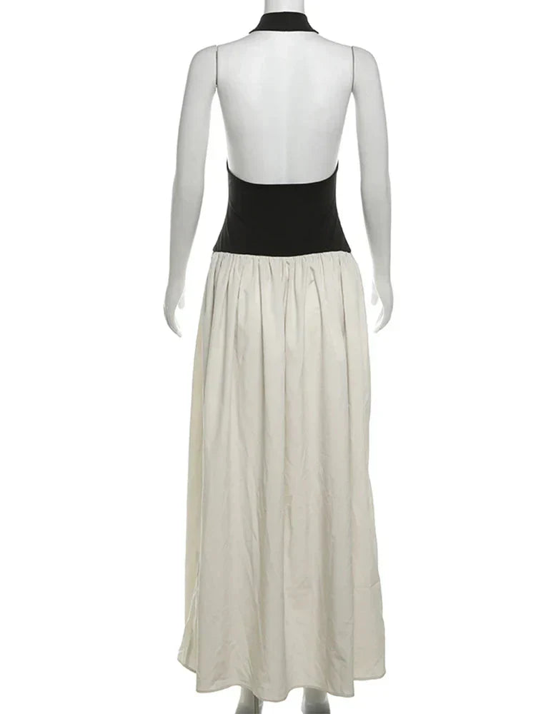 Contrast Patchwork Halter Backless Long Bodycon Dress
