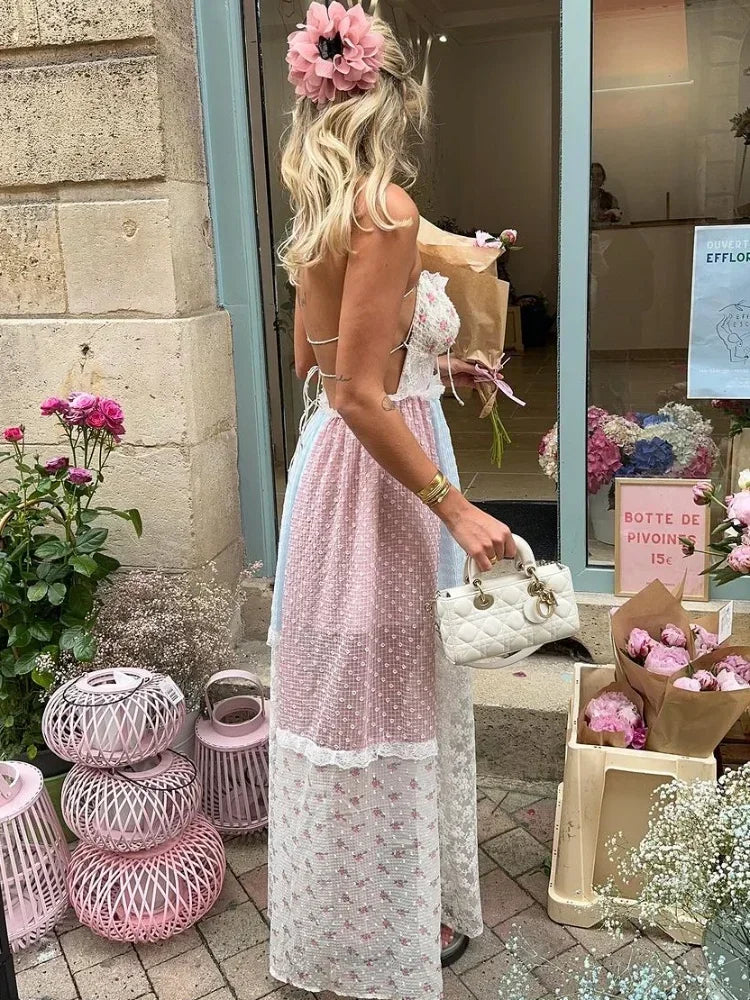 Lace Patchwork Halter Maxi Dress