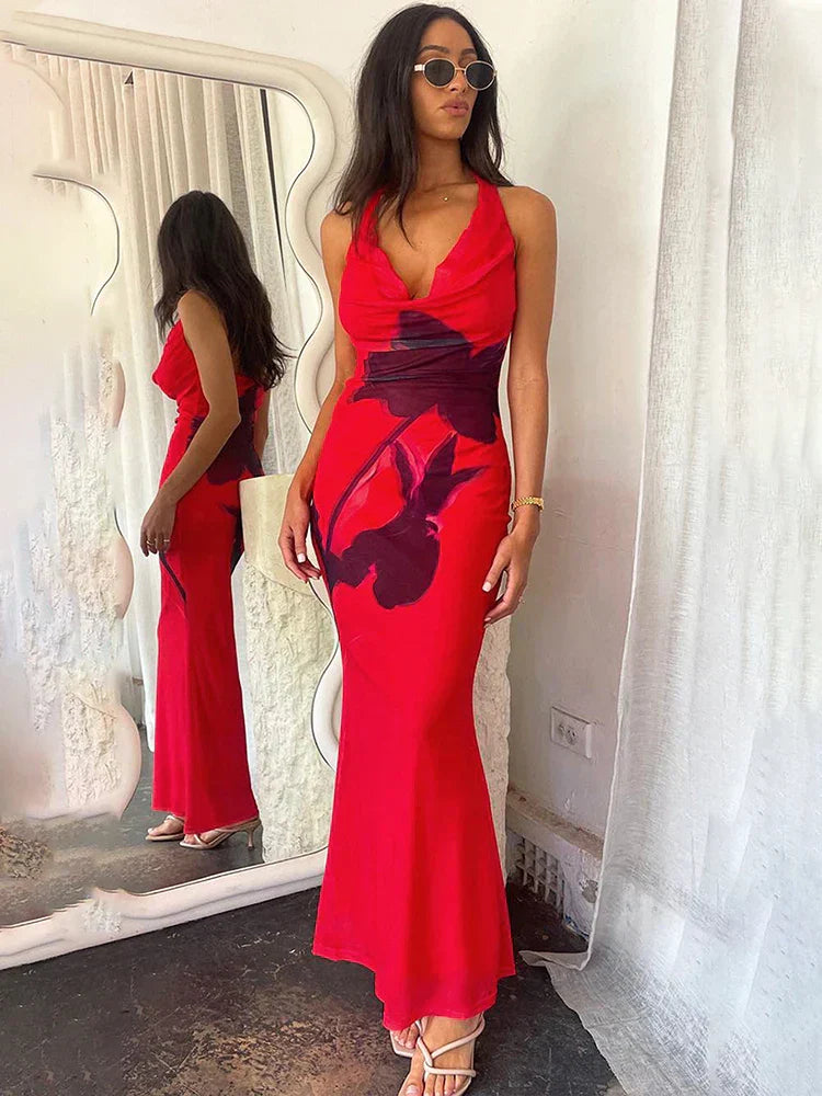 Flower Printed Halter Swinging Collar Long Dress
