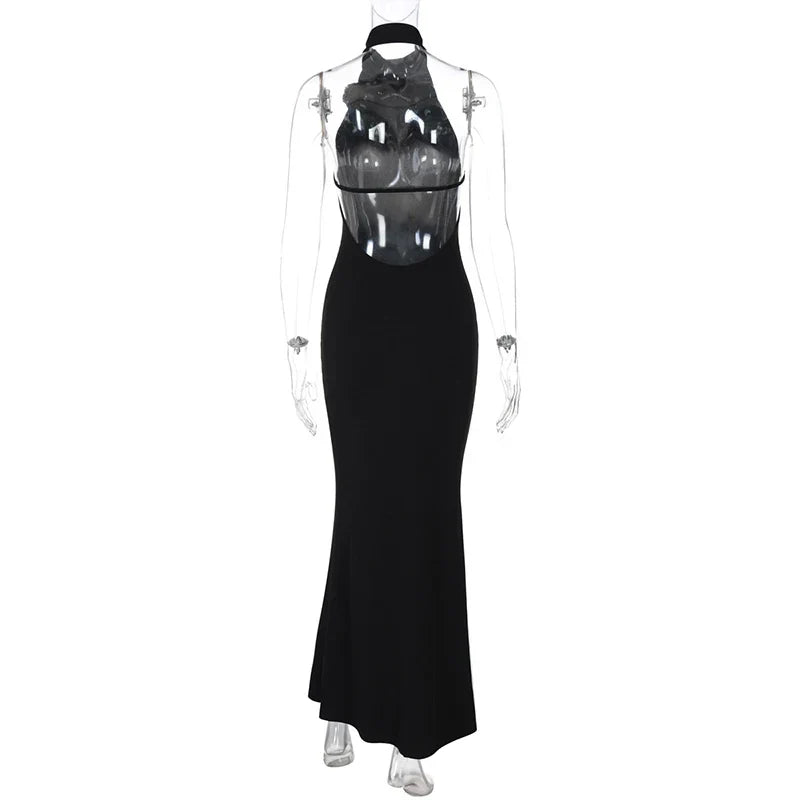 3D Flower Halter Backless Long Dress