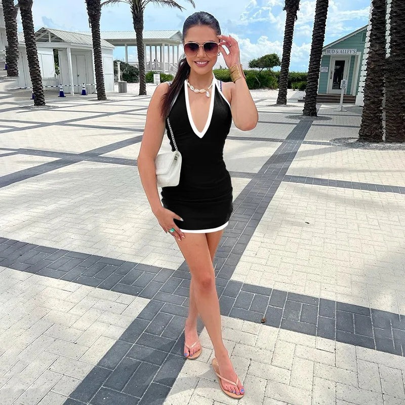 Contrast Open Back Halter Neck Mini Dress
