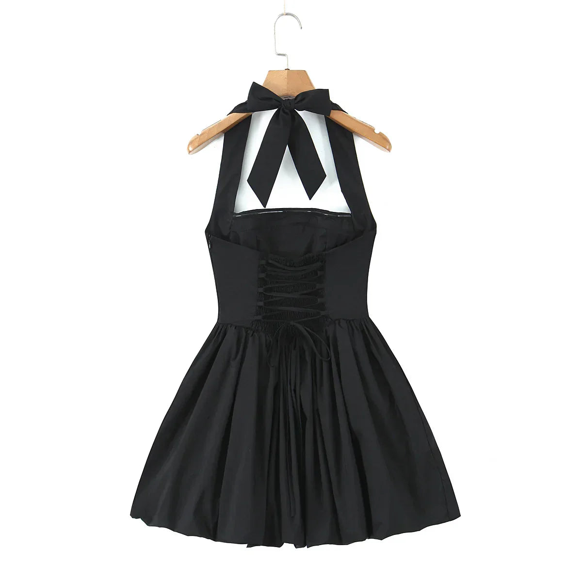 Bow Halter Slash Collar Lacing-Up Back Mini Dress