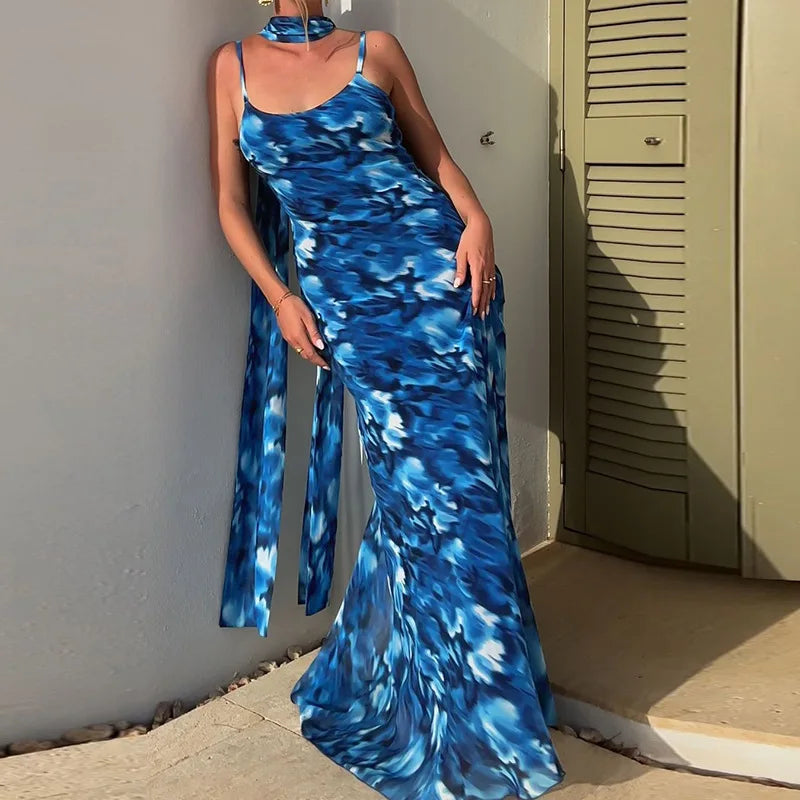 Halter Backless Blue Printed Lace-up Long Dress
