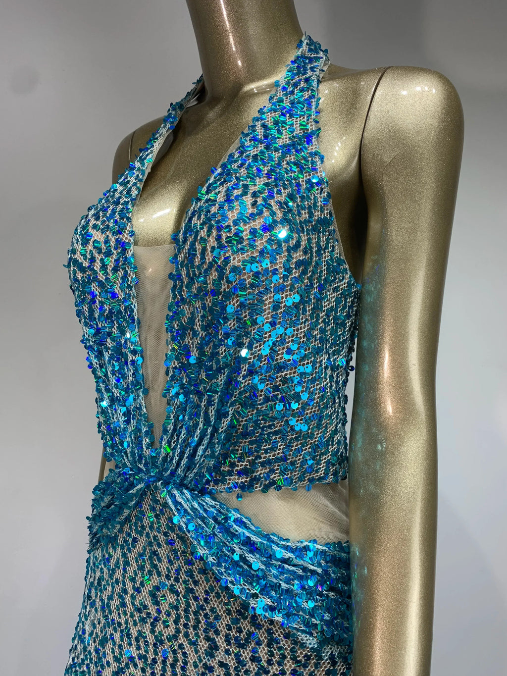 Halter Blue Sequins Sparkly Glitter Maxi Dress