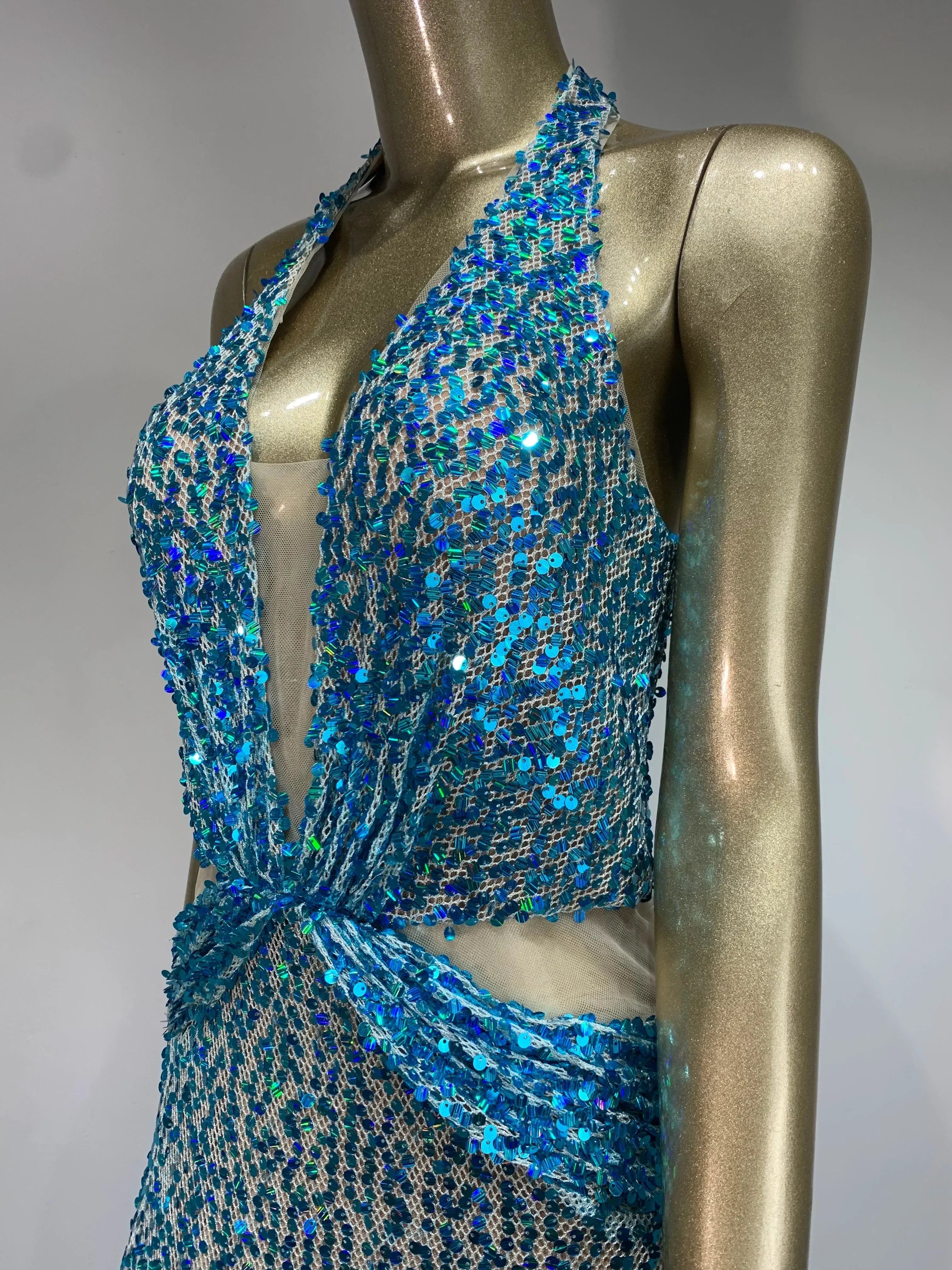 Halter Blue Sequins Sparkly Glitter Maxi Dress