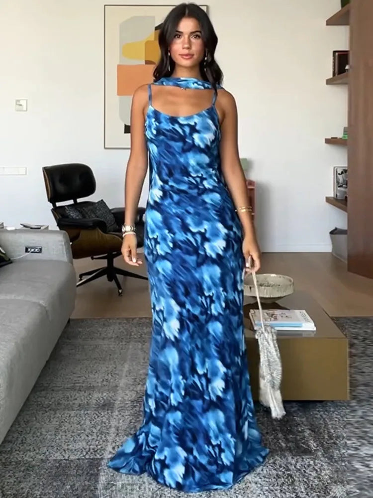 Halter Backless Blue Printed Lace-up Long Dress
