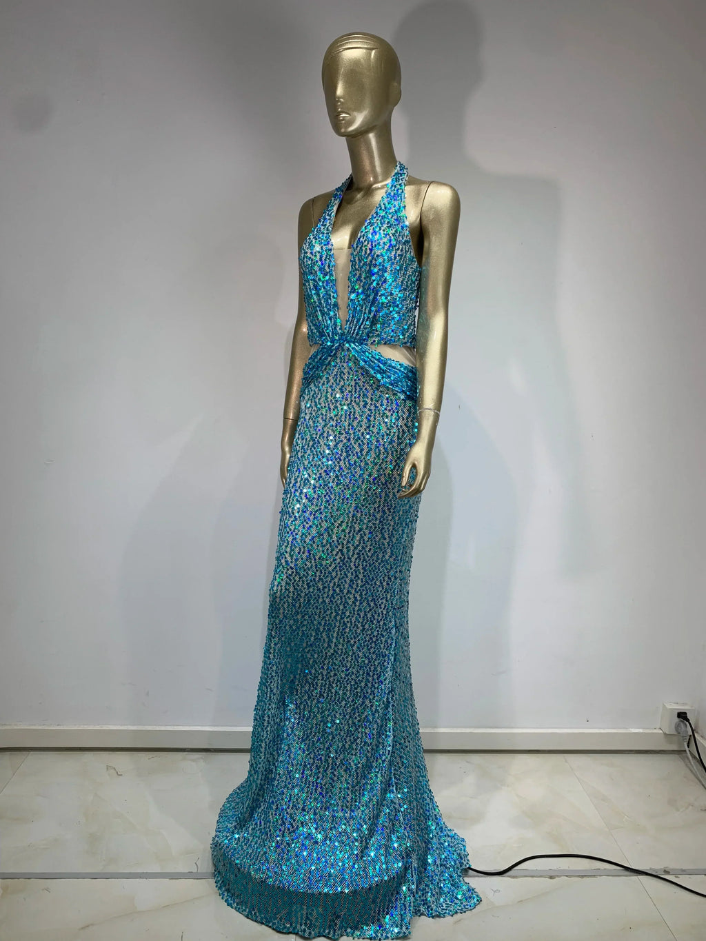 Halter Blue Sequins Sparkly Glitter Maxi Dress