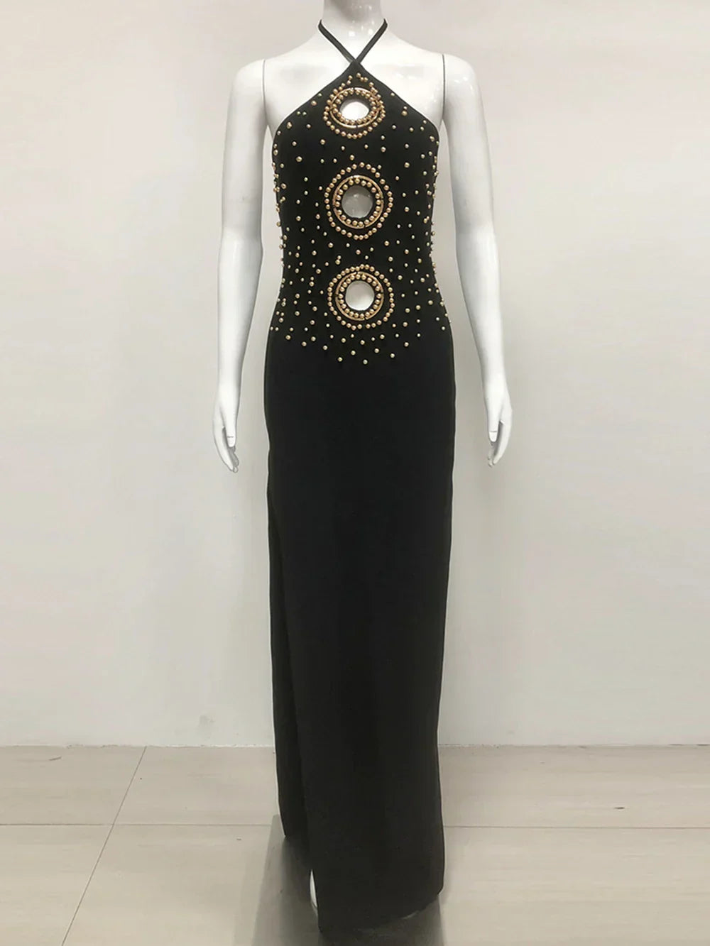 Halter Bead Hollow Design Backless Long Dress