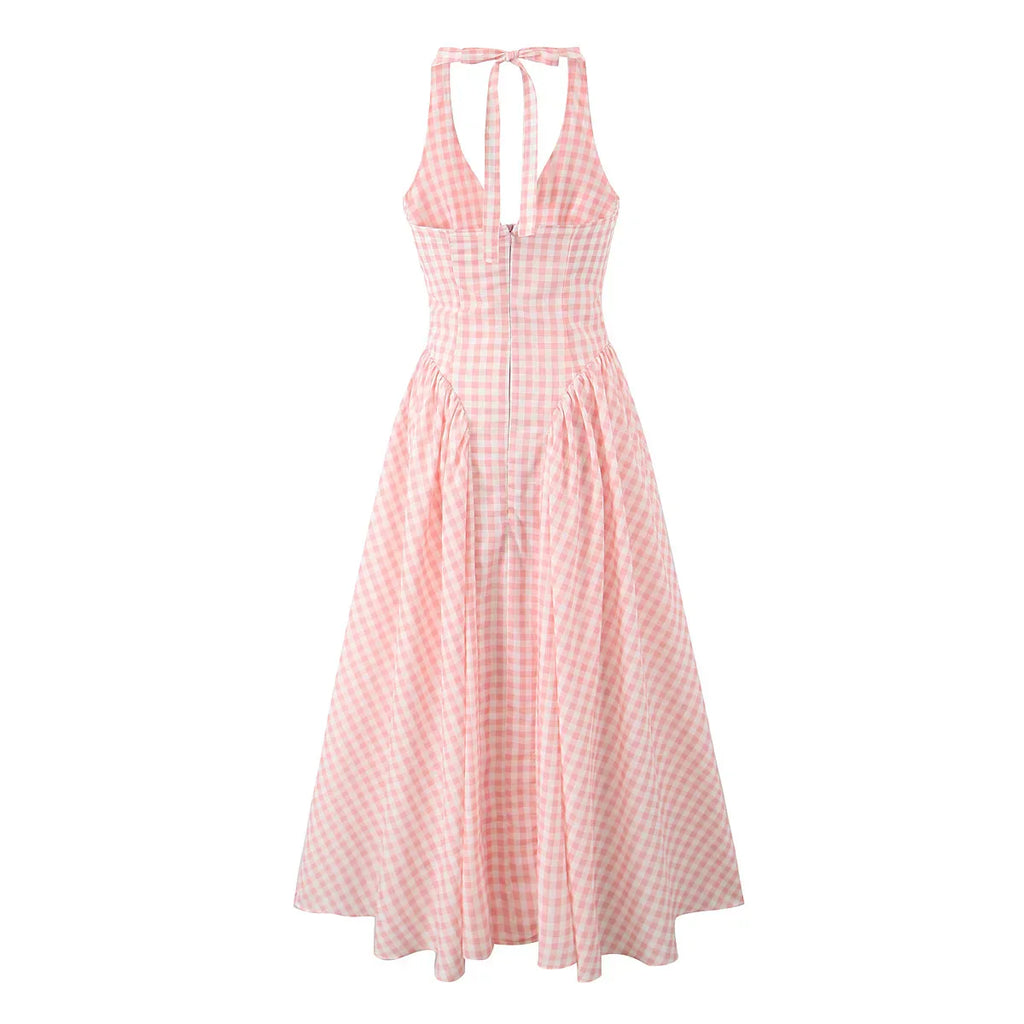Pink White Plaid Bow Halter V Collar Midi Dress