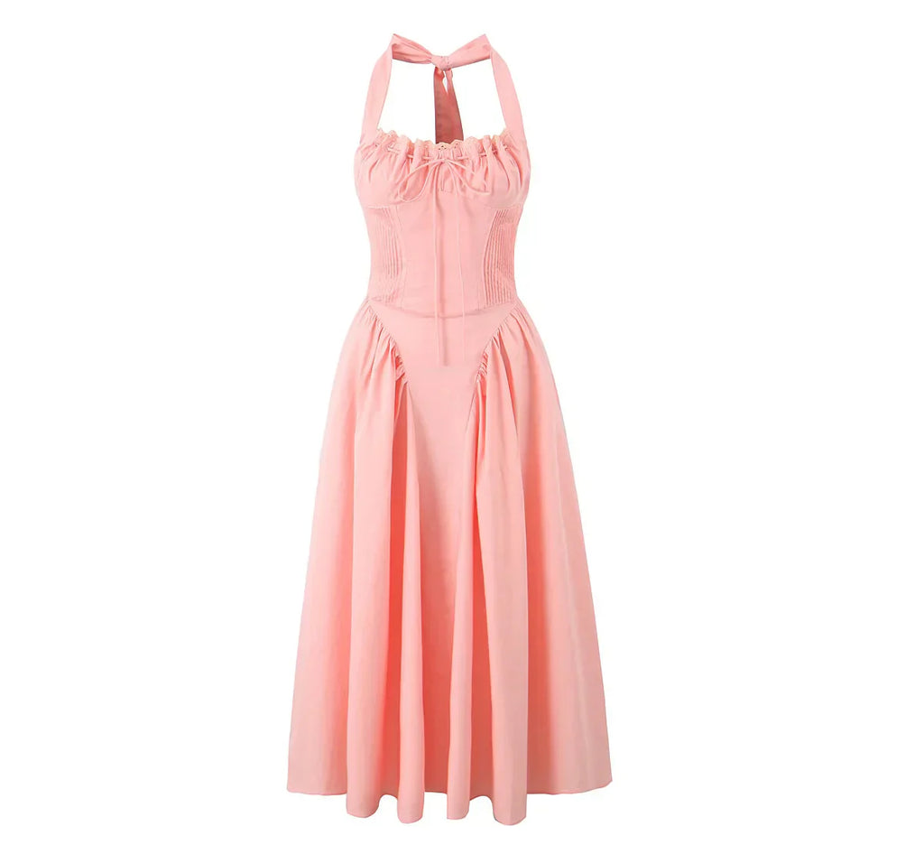Corset Style Bow Halter Spliced Lace Midi Dress