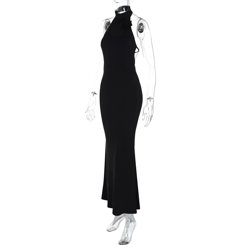 3D Flower Halter Backless Long Dress