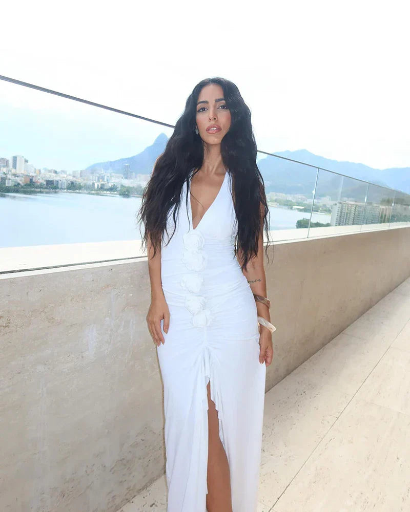 White Floral Halter Sleeveless Ruffled Long Dress