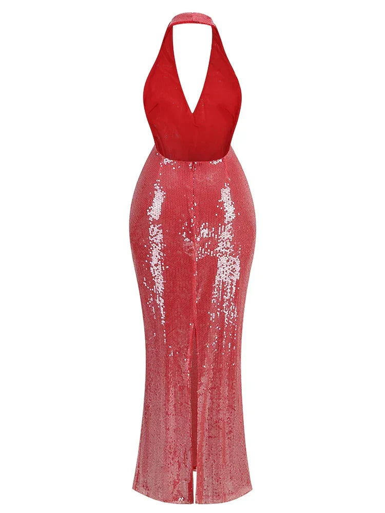 Halter Sheer Sequins Long Dress