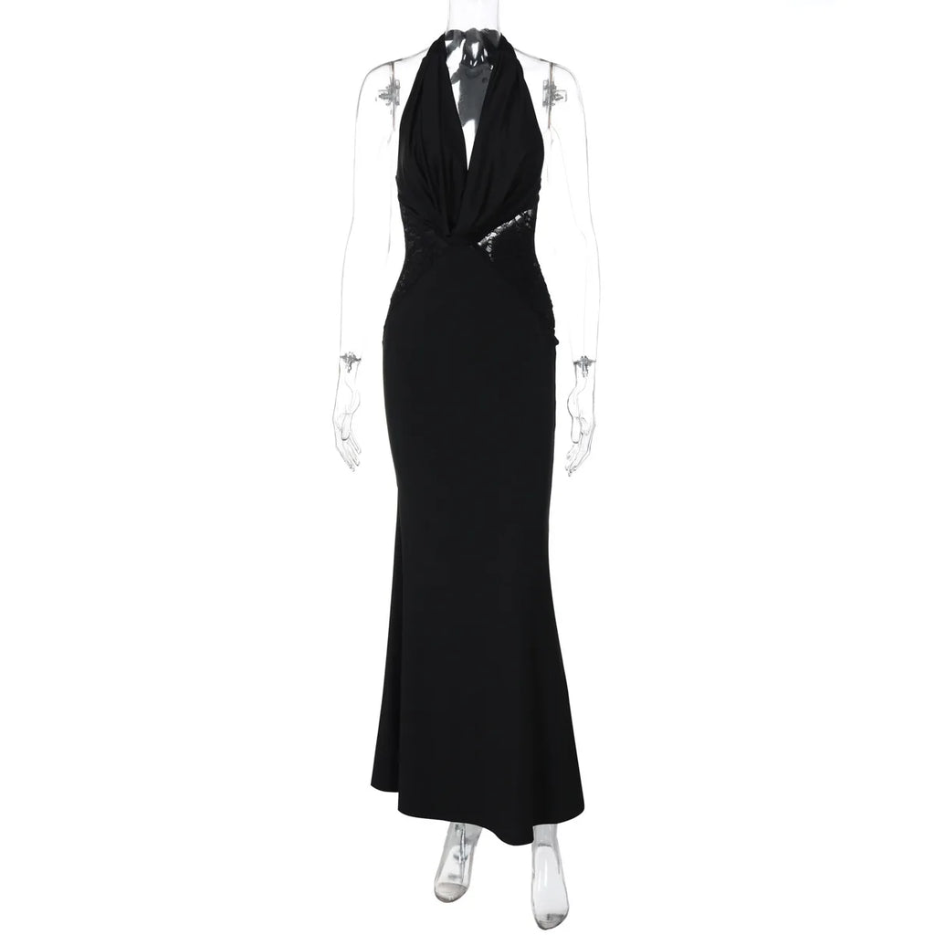 Halter Black Lace Off-shoulder Long Dress