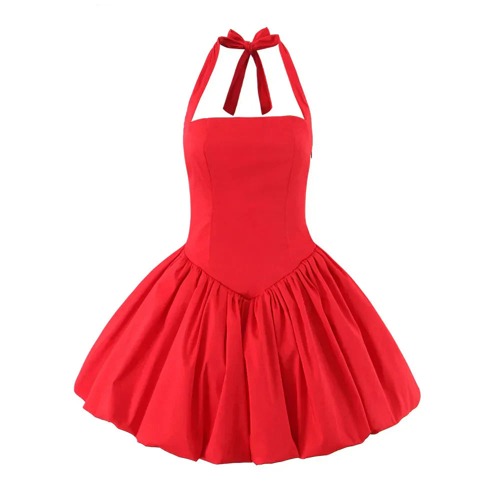 Bow Halter Slash Collar Lacing-Up Back Mini Dress
