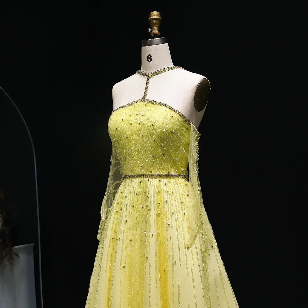 Beaded Yellow Halter Evening Dress with Gloves