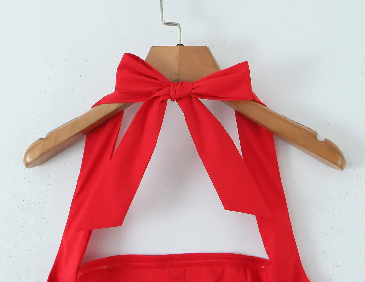 Bow Halter Slash Collar Lacing-Up Back Mini Dress