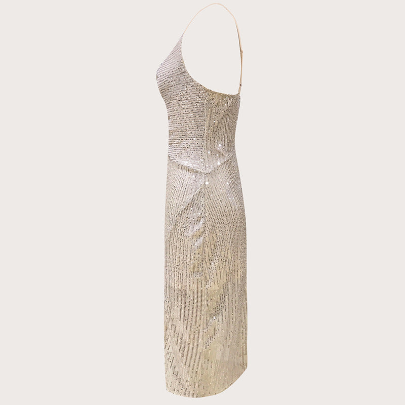 Bling Sequ Dress High Slit to Thigh Drape Halter Dress Cocktail Dress