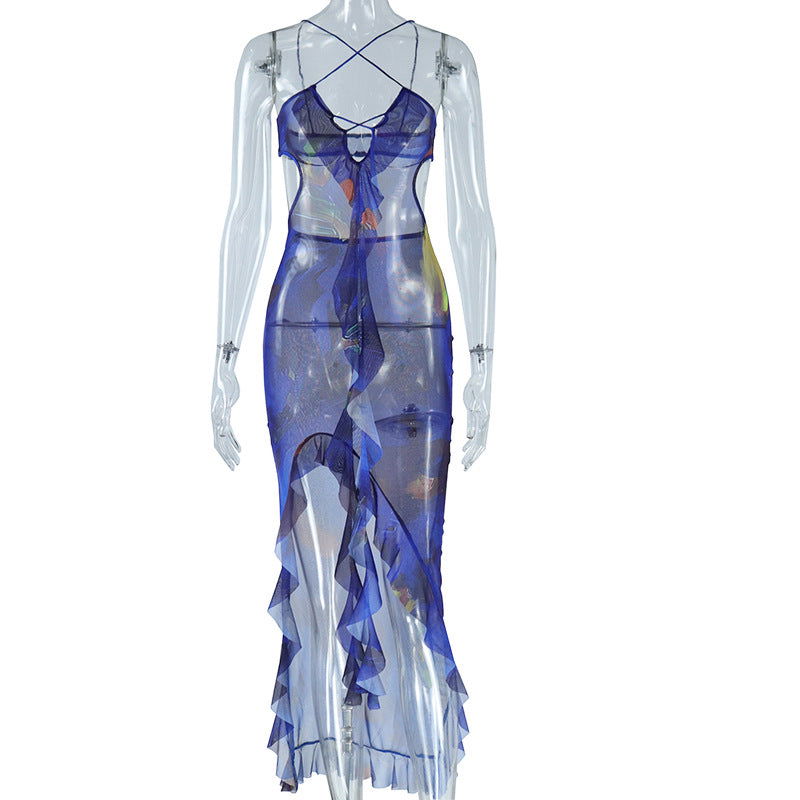 Halter Dress Sleeveless Printed Cut out Ruffled Mid Waist Pullover Asymmetric
