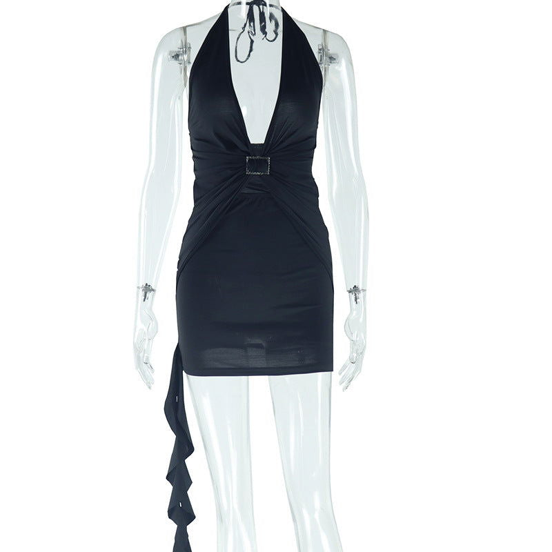 Halter Dress Solid Color Metal Decoration Pullover Patchwork Pleated Sleeveless Nightclub Hip for