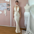 Solid Color Deep V Plunge neck Halter Lace up Backless Sheath Dress