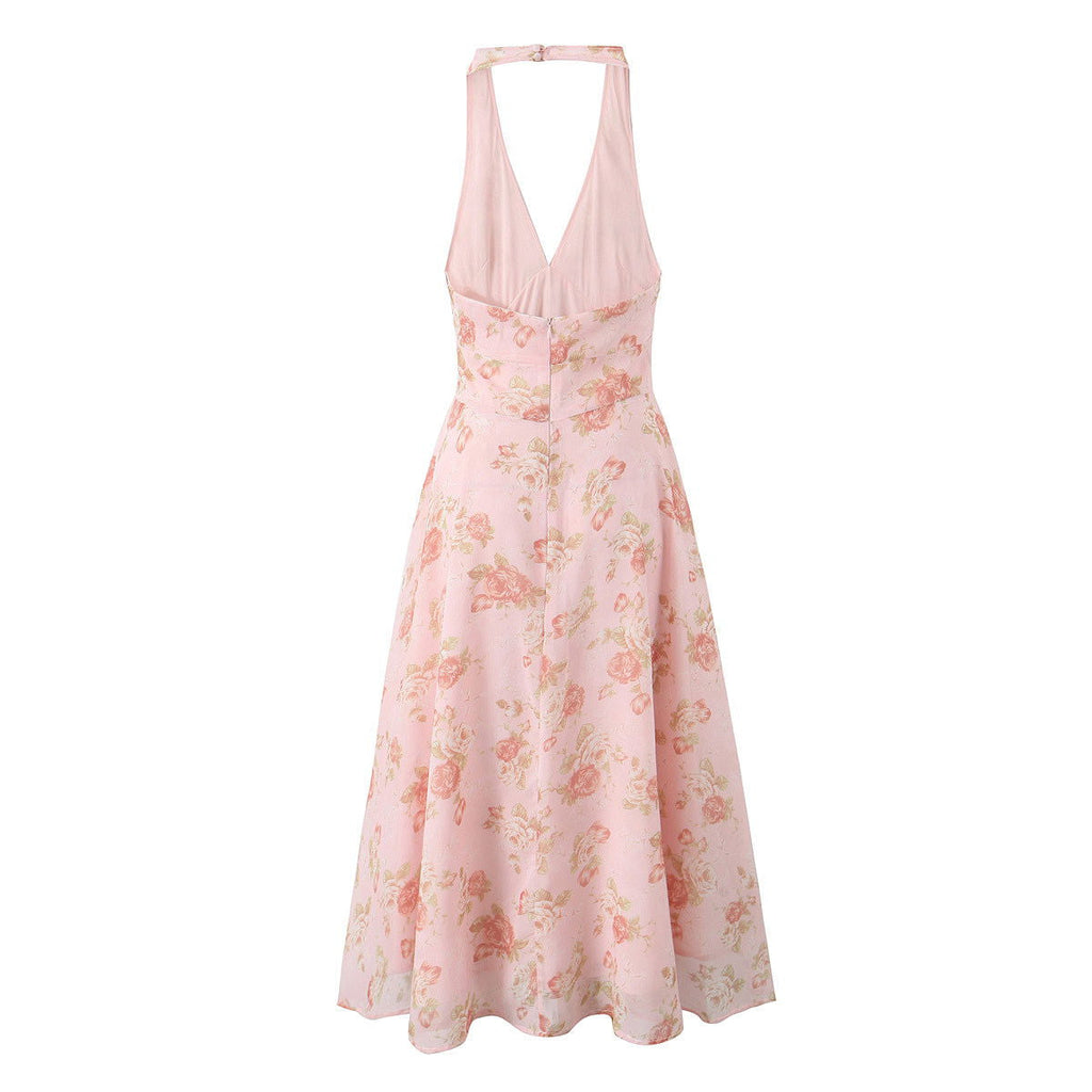 V- neck Halter Waist Controlled Slimming French Midi Dress