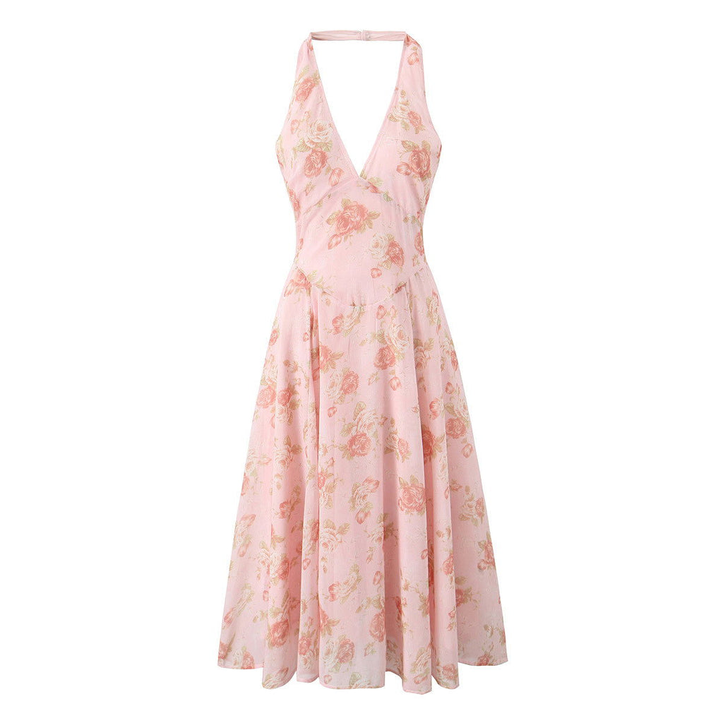 V- neck Halter Waist Controlled Slimming French Midi Dress