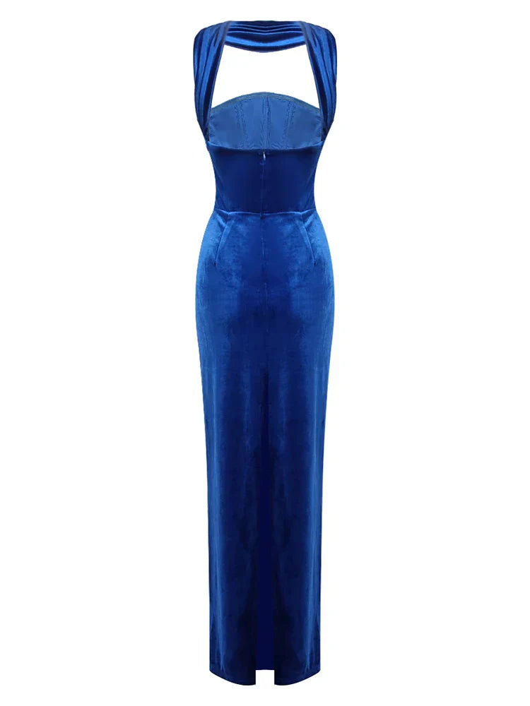 Blue Velvet Halter Sleeveless Maxi Dress