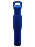 Blue Velvet Halter Sleeveless Maxi Dress