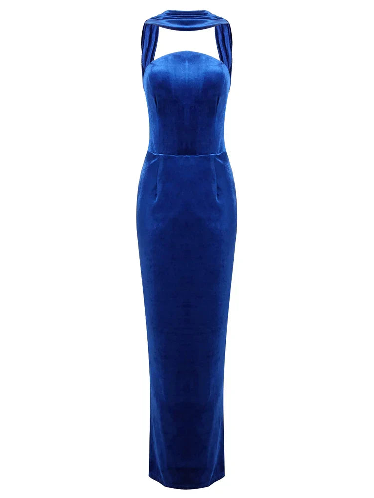 Blue Velvet Halter Sleeveless Maxi Dress